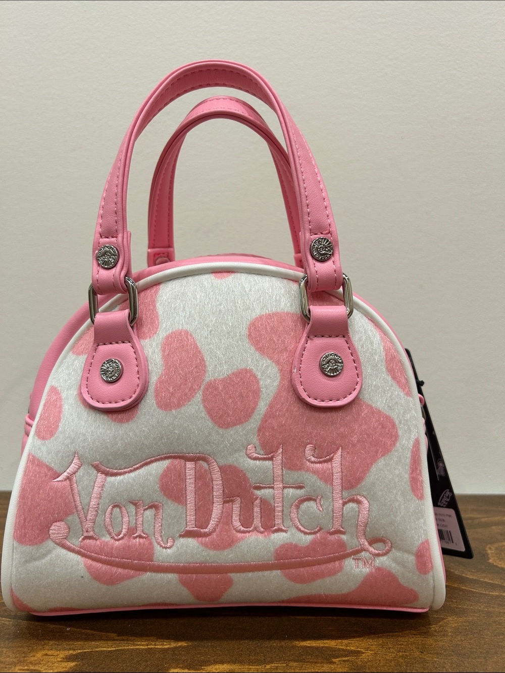 Von Dutch Pink and White Cow Print Bowling Bag NWT